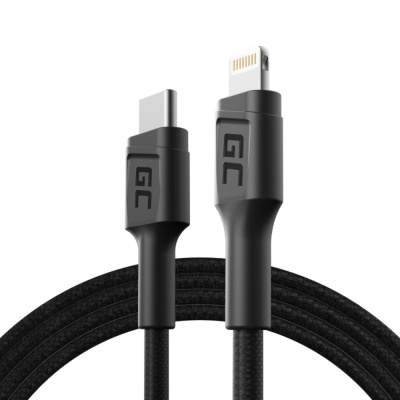 Cabo de carregamento preto com conectores USB-C e Lightning e a marca GC