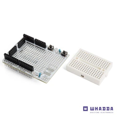 Placa de prototipagem eletrónica e breadboard sobre fundo branco com logótipo Whadda