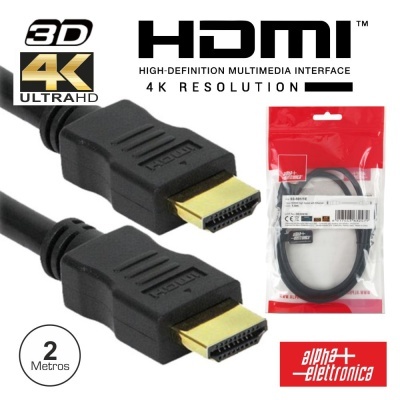 Cabo HDMI preto de 2 metros com conectores dourados e embalagem vermelha e transparente.