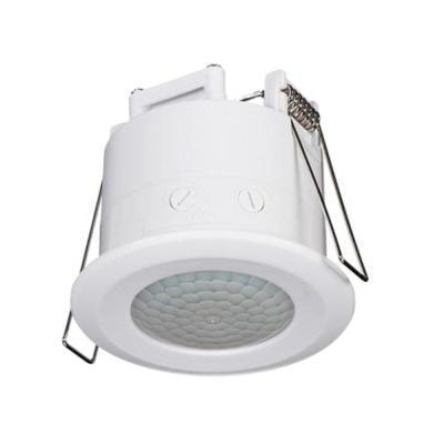 Sensor de movimento branco redondo com padrão hexagonal no centro e molas metálicas.