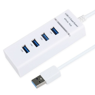 Adaptador hub USB 3.0 branco com quatro portas azuis e cabo integrado