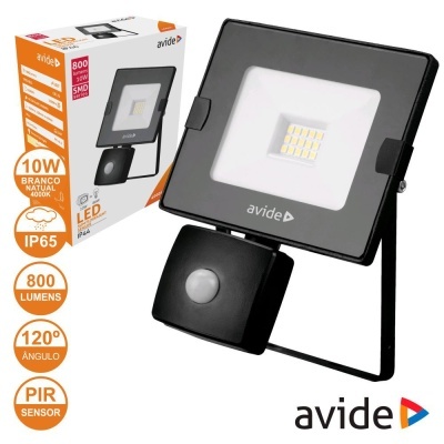 Projetor LED preto com sensor PIR e embalagem da marca avide