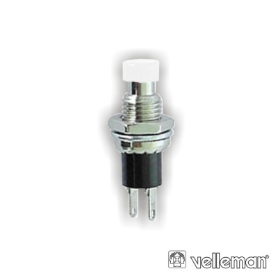 Botão interruptor de pressão metálico com parte superior branca e dois terminais