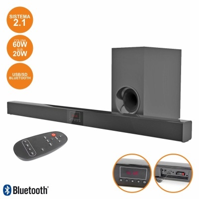 Sistema de som 2.1 preto com barra sonora, subwoofer e controlo remoto
