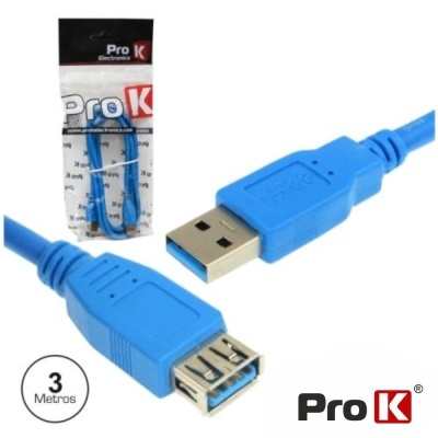 Cabo USB 3.0 azul Pro K com 3 metros e embalagem visível