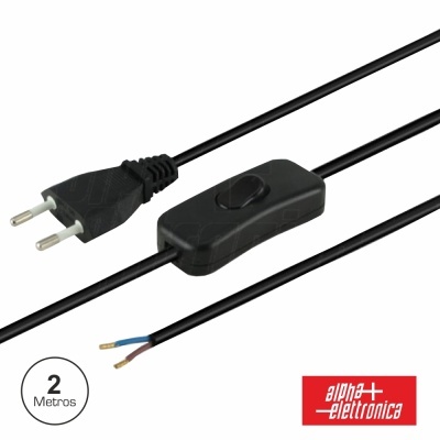 Cabo elétrico preto com ficha e interruptor, 2 metros