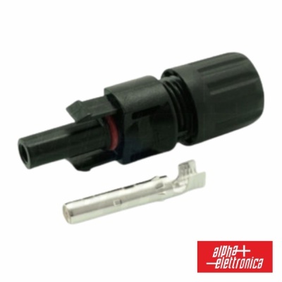 Conector elétrico preto com selo vermelho e peça metálica
