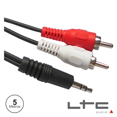 Cabo de áudio com conector jack 3.5mm e conectores RCA vermelho e branco