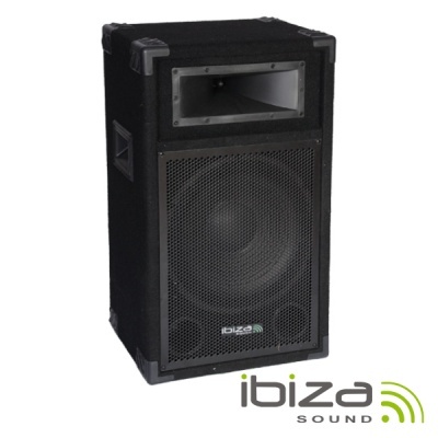 Coluna de som preta Ibiza com grelha metálica frontal e alças laterais