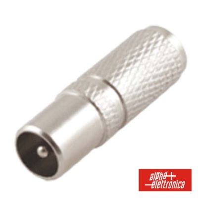 Conector coaxial metálico prateado com textura estriada