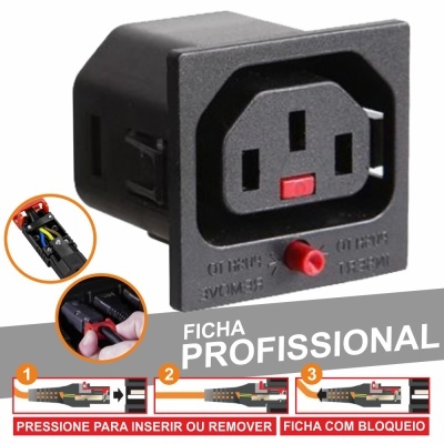 Ficha elétrica profissional preta com botão vermelho e instruções de uso em português