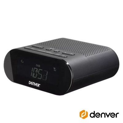 Rádio despertador digital preto com visor LED e botões na parte superior.