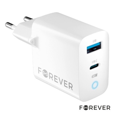 Carregador de parede branco com portas USB e USB-C da marca FOREVER