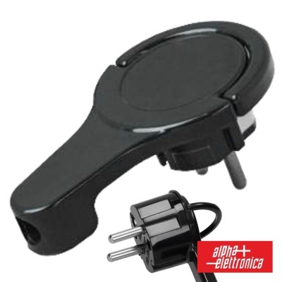 Adaptador elétrico preto com pinos e logótipo alpha+ elettronica