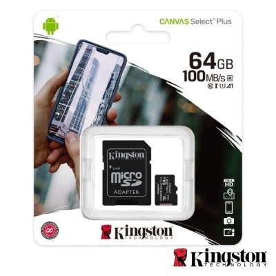 Cartão microSD Kingston 64GB com adaptador em embalagem plástica