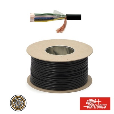 Carretel de fio preto com múltiplos fios internos coloridos e logotipo alpha elettronica