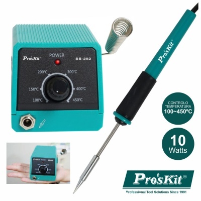Estação de soldar Pro'sKit SS-202 verde-água com controlo de temperatura e suporte metálico