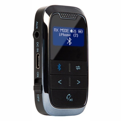 Receptor Bluetooth portátil preto e prateado com ecrã azul e botões