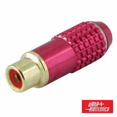 Conector RCA vermelho e dourado com logotipo alpha elettronica