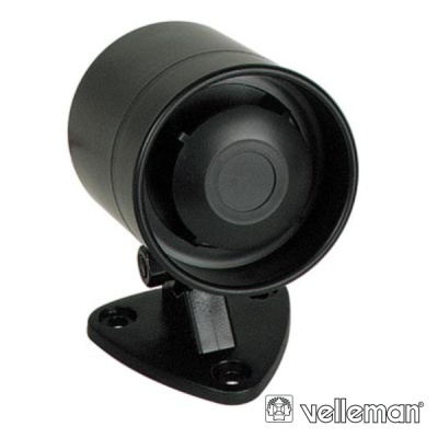 Sirene preta cilíndrica com base triangular e logotipo Velleman