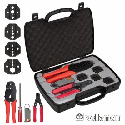 Conjunto de ferramentas Velleman com vários alicates e matrizes no estojo preto aberto