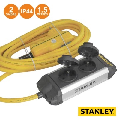 Extensão elétrica amarela com duas tomadas e tampas pretas da marca STANLEY