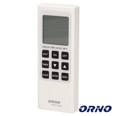 Comando remoto branco com ecrã e botões pretos, marca ORNO