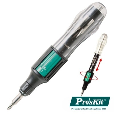 Chave de fendas elétrica preta e verde com tampa transparente e marca Pro'sKit