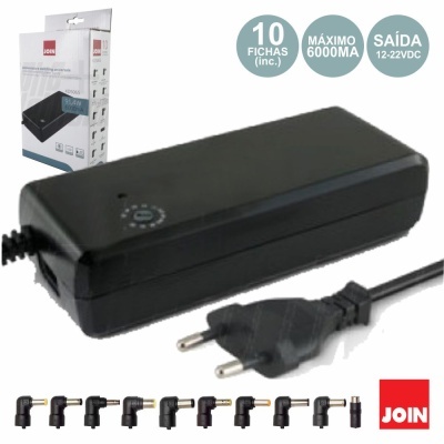 Adaptador de energia preto com 10 fichas intercambiáveis e embalagem