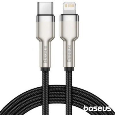 Cabo Baseus USB-C para Lightning preto com conector metálico
