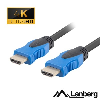 Cabo HDMI azul e preto Lanberg 4K Ultra HD com conectores detalhados