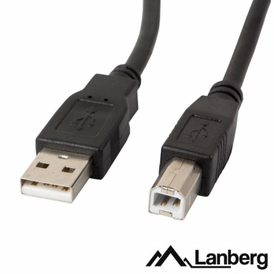 Cabo USB preto com conectores USB A e USB B, logo Lanberg