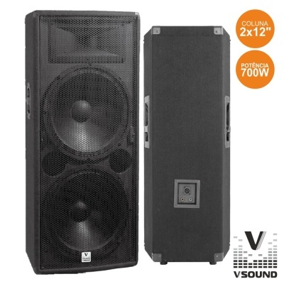 Coluna de som profissional preta VSOUND com dois altifalantes de 12 polegadas e potência 700W