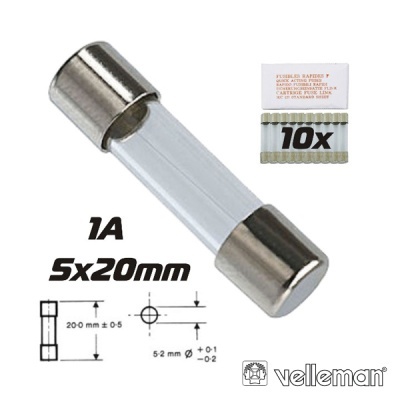 Fusível cilíndrico de vidro com pontas metálicas, 5x20 mm, 1A, embalagem 10 unidades Velleman