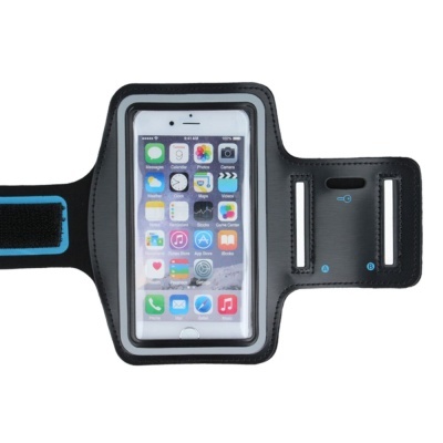 Suporte de braço para smartphone preto com detalhes azuis e visor transparente