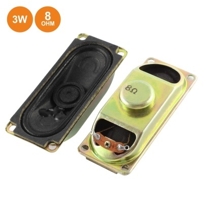 Par de altifalantes retangulares preto e prateado com indicações 3W e 8 OHM