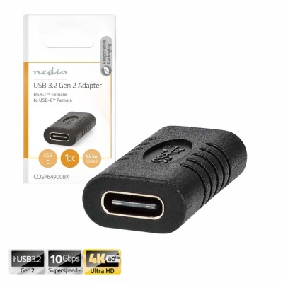 Adaptador USB 3.2 Gen 2 USB-C preto com embalagem branca e laranja