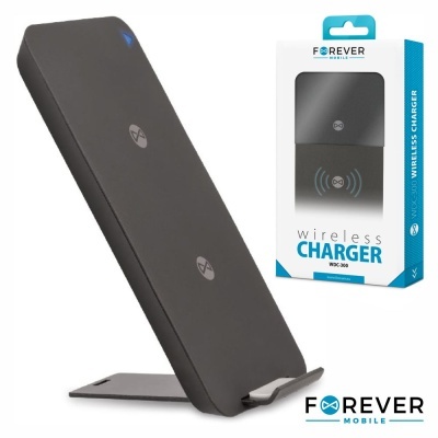 Carregador wireless preto com suporte e embalagem FOREVER MOBILE.