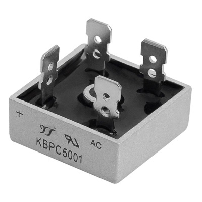 Ponte retificadora eletrónica cinza e preta com terminais metálicos e marca KBPC5001