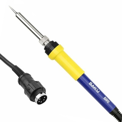 Ferro de soldar amarelo e azul com cabo preto e conector redondo preto.