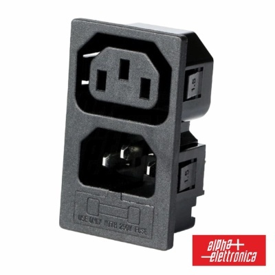 Tomada eletrónica preta com duas entradas padrão e logótipo alpha+ elettronica