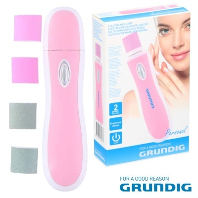 Kit de cuidado elétrico pessoal rosa e branco com acessórios e embalagem da Grundig