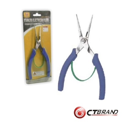Alicate de pontas longas azul com mola verde em embalagem amarela