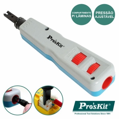 Ferramenta elétrica branca e azul Prôskit com botões vermelhos para cortar cabos