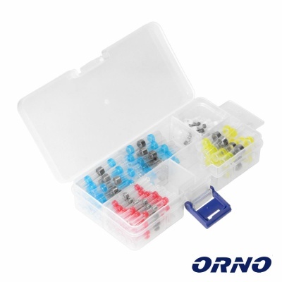 Estojo transparente com conectores eléctricos coloridos organizados