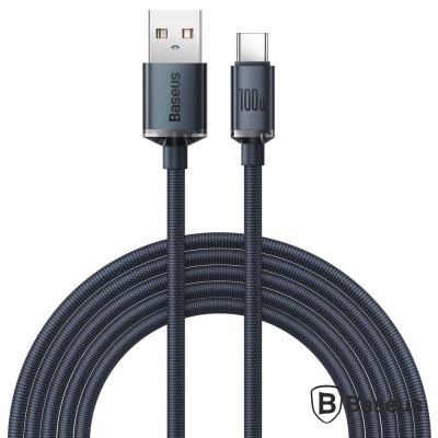 Cabo USB USB-A para USB-C preto com revestimento em nylon trançado e texto Baseus e 100W.