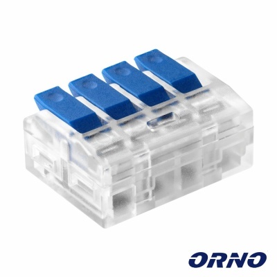 Conector elétrico transparente com quatro alavancas azuis