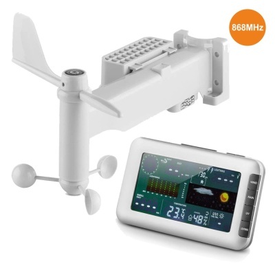 Estação meteorológica branca com sensor de vento e display digital colorido