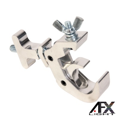 Abraçadeira metálica prateada com parafuso de aperto e logo AFX LIGHT