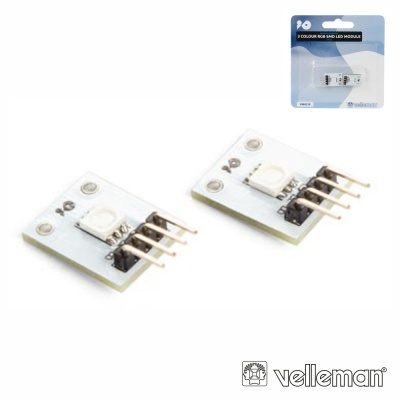 Módulo LED RGB em placa branca com 4 pinos, embalagem azul da Velleman